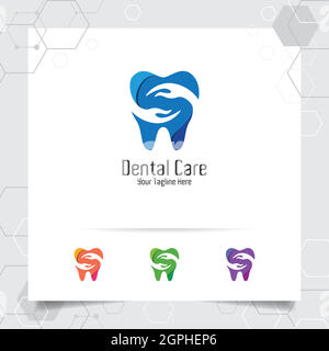 Dental logo dentist vector design with concept of hand and tooth icon . Dental care for hospital, doctor, clinic, and health. Stock Vector