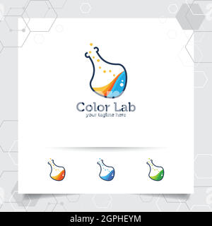 Lab or laboratory logo design vector concept of bottle and chemical formula icon illustration for scientists, research, and medical test. Stock Vector