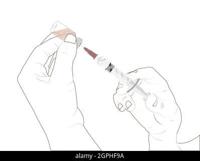 Lady hand preparing to vaccinate, woman hand while vaccinating. Outline vector stock illustration Stock Vector