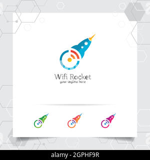 Rocket logo design with networking concept and rocket icon. Wireless rocket vector used for app, technology and software. Stock Vector