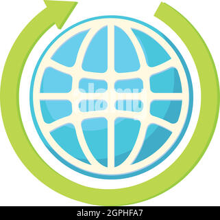 Globe and green arrow icon, cartoon style Stock Vector