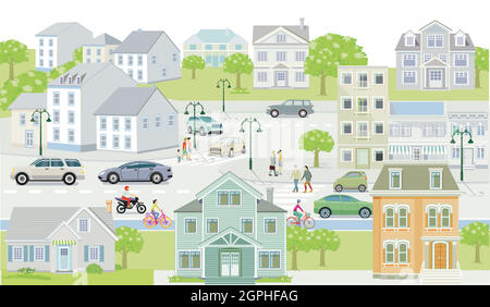 City silhouette with pedestrians and road traffic, apartment buildings illustration Stock Vector