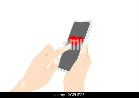 Sending heart emoji with phone, flirting, heart symbol, woman hand sending a message with phone. Vector stock illustration Stock Vector