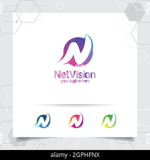 Digital logo letter N design vector with modern colorful pixel for technology, software, studio, app, and business. Stock Vector