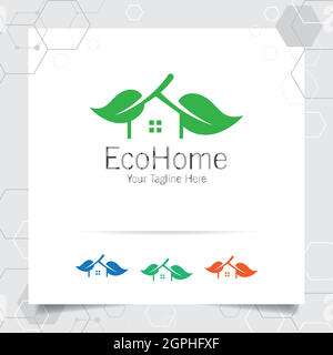 Green house logo design vector with concept of home and leaf icon illustration for real estate, property, residence and mortgage. Stock Vector