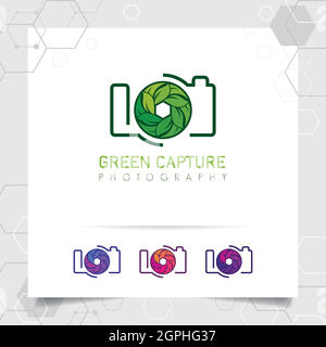Photography and photo logo design with concept of leaf icon and camera lens vector for photographer, studio photo, and nature photography. Stock Vector