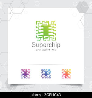 Technology digital logo vector design with concept of microchip icon for programmer, technology community, application software, and engineer. Stock Vector