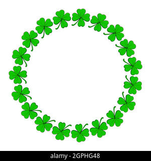 Clover circle frame. Vector design with four leaf shamrock. Holiday saint patrick day background template. Stock Vector
