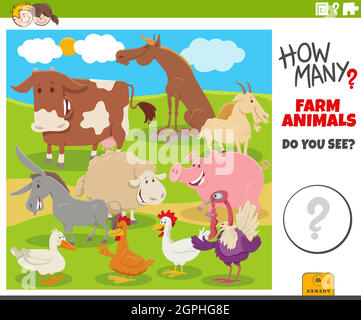 how many farm animals educational cartoon game for children Stock Vector