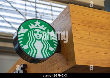 Close up view of Starbucks Coffee big logo. Business concept. Greece. Thessaloniki. Stock Photo