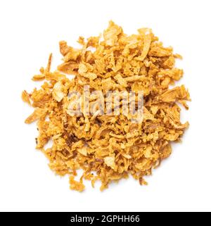 Pieces of fried onions isolated on white background. Stock Photo