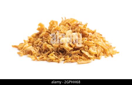 Pieces of fried onions isolated on white background. Stock Photo
