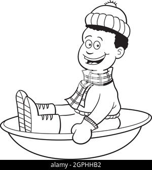 Black and white illustration of a boy riding a sled. Stock Vector