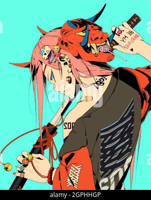 Red-haired anime girl with tattoos holding a sword in her hands.. Stock Vector