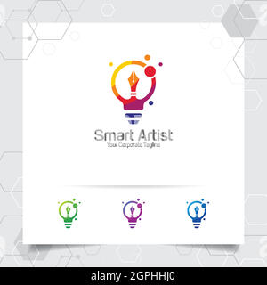 Writer logo bulb idea design concept of pencil icon and colorful lamp vector. Creative idea logo used for studio, professional and agency. Stock Vector
