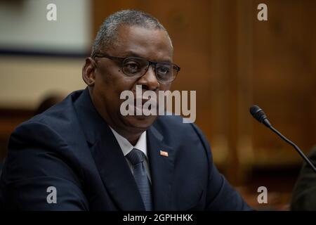 Washington, United States Of America. 29th Sep, 2021. Washington, United States of America. 29 September, 2021. U.S. Secretary of Defense Lloyd Austin during testimony before the House Armed Services Committee hearing on the withdrawal from Afghanistan on Capitol Hill September 29, 2021 in Washington, DC Credit: Chad McNeeley/DOD/Alamy Live News Stock Photo