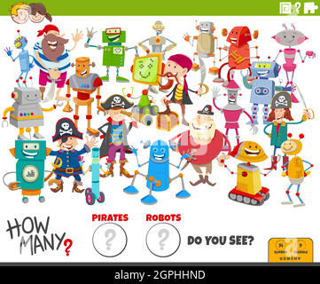how many cartoon robots and pirates educational task Stock Vector