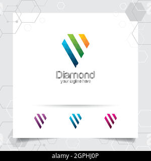 Diamond jewelery logo design vector with concept of digital pixel color. Abstract crystal gem vector illustration. Stock Vector