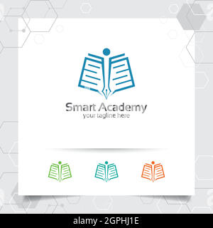 Education logo vector design with concept of book, pen, and people icon illustration for academy, university, school. Stock Vector