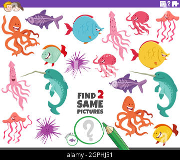 find two same marine animal characters educational game Stock Vector