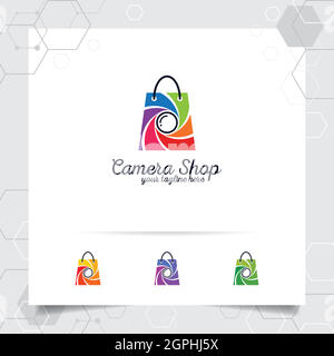 Shopping bag logo design concept of online shop icon and camera lens vector used for camera store, e-commerce, and supermarket. Stock Vector