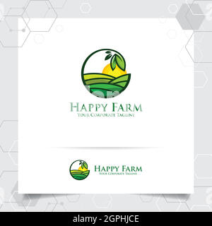 Agriculture logo design with concept of leaves icon and plantation land vector. Green nature logo used for agricultural systems, farmer, and plantation products. Stock Vector