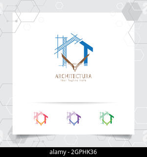 Architect construction logo design concept of architectural sketch of the house. Property logo icon for contractor and real estate. Stock Vector