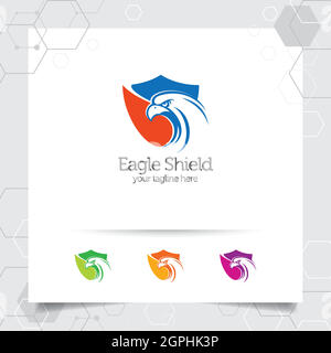 Eagle shield logo vector design with concept of security guard and eagle head icon illustration for data protection, privacy lock and system security. Stock Vector