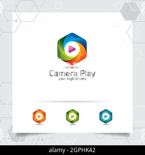 Media play logo design vector with concept of colorful play music icon for studio, application, and multimedia. Stock Vector