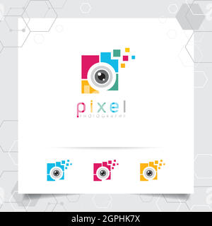 Camera photography logo design with concept of colorful camera lens icon and photo vector for photographer, studio photo, and wedding photography. Stock Vector