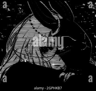Sad anime girl in a hare mask. Black and white illustration. Stock Vector