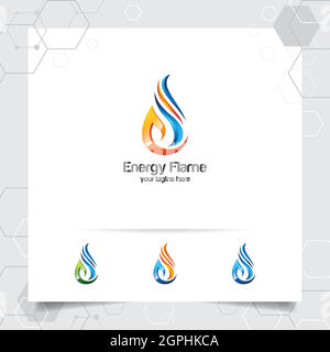 Oil gas logo design vector with concept of fire blazing and oil droplets icon for mining industry and fuel processing. Stock Vector