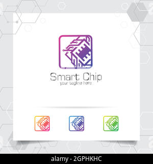 Technology digital logo vector design with concept of microchip icon for programmer, technology community, application software, and engineer. Stock Vector