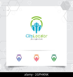City locate logo vector with concept of pin map locator and wifi cityscape symbol design for travel, local guide, gps, and tour. Stock Vector