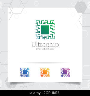 Technology digital logo vector design with concept of microchip icon for programmer, technology community, application software, and engineer. Stock Vector