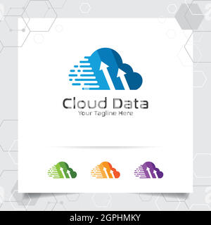 Cloud hosting logo vector design with concept of digital and data symbol. Cloud computing vector illustration for hosting provider, server rack, and sharing storage. Stock Vector