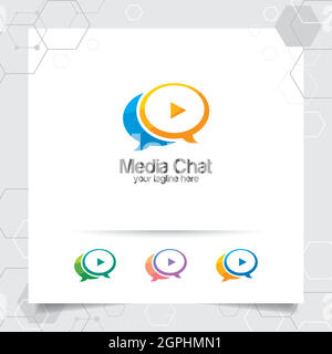 Chat logo design vector concept of speech bubble and play button . Media chat logo vector for app, communication and community. Stock Vector