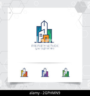 Real estate logo design concept of apartment icon and building. Property logo vector for construction, contractor, residence and city scape. Stock Vector