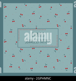 Red cherries on blue background seamless pattern Stock Vector