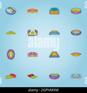 Stadium icons set, cartoon style Stock Vector