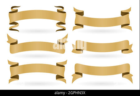 set of golden ribbons with six model isolated white backgrounds. set of golden banners ribbons isolated on white backgrounds applicable for banner, flyer or brochure on advertising in media. Stock Vector