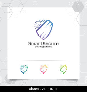 Security shield logo design with concept of protection shield vector and technology icon for data privacy, anti virus and system security. Stock Vector