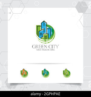 Real estate logo design concept of green city building illustration. Property logo vector for construction, contractor, residence and city scape. Stock Vector