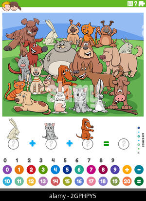 counting and adding game with cartoon animals Stock Vector