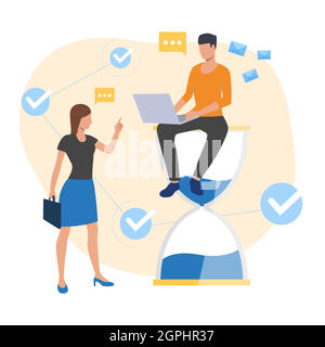 Employee sitting on sandglass and working Stock Vector