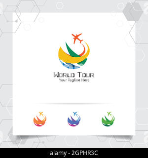 Travel logo design concept of airplane icon with globe symbol. Traveling logo vector for world tour, adventure, and holiday. Stock Vector