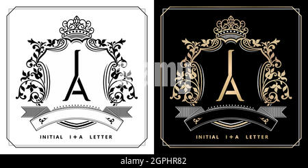 IA or AI royal emblem with crown, initial letter and graphic name Frames Border of floral designs with two variation colors, IA or AI Monogram, for insignia, initial letter frames, wedding couple name Stock Vector