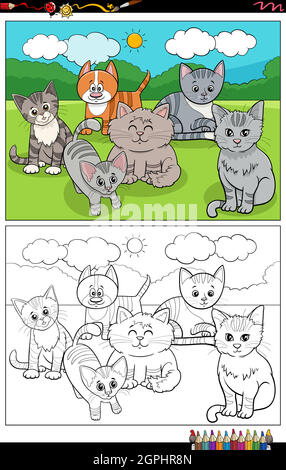 cartoon funny cats characters coloring book page Stock Vector