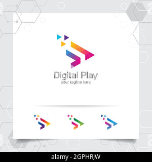 Media play logo design vector with concept of colorful triangle and arrow icon for music studio, application, and multimedia. Stock Vector