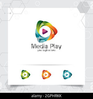 Media play logo design vector with concept of colorful play music icon for studio, application, and multimedia. Stock Vector